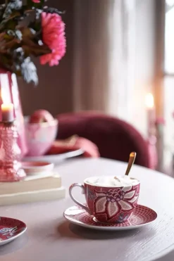 Flower Festival Set/2 Cappuccino Kop & Schotel Donkerroze