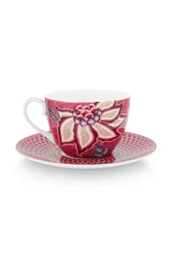 Flower Festival Set/2 Cappuccino Kop & Schotel Donkerroze